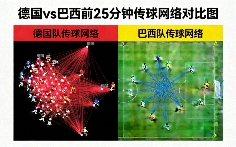 德国对阵巴西比赛前25分钟传球网络对比图，德国队传球线路密集且向前，巴西队则散乱无序