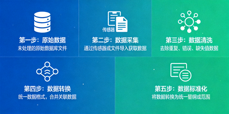 数据清洗与处理流程示意图，展示原始数据到标准化数据的转换过程